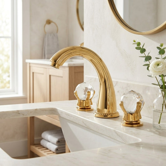 Lagomel double-handle widespread bathroom faucet in antique brass, brushed gold, brushed nickel, chrome, gunmetal, matte black,, set in a Traditional/Classic/Vintage/Retro bathroom