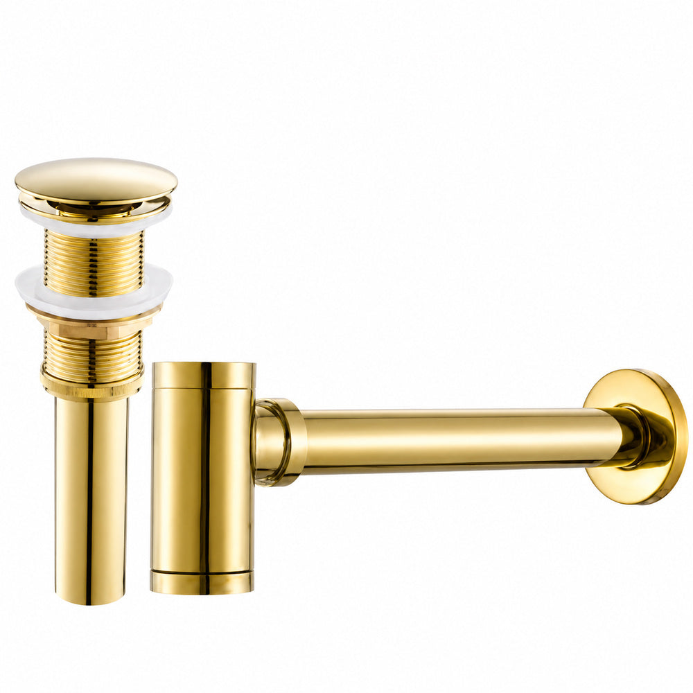 Contemporary Brass Pop-Up Sink Drain with Overflow, Wall-Mounted Bottle P-Trap Waste Assembly, Antique Brass / Chrome / Matte Black / Brushed Brass / Polished Gold