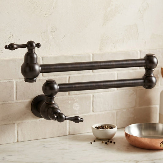 Lagomel wall-mounted pot filler in oil-rubbed bronze, matte black, set in a Traditional/Classic/Vintage/Retro kitchen