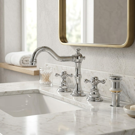 Lagomel widespread bathroom faucet in chrome, oil-rubbed bronze, antique brass, set in a Contemporary/Traditional/Classic bathroom