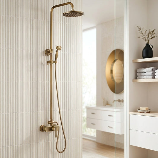 Lagomel wall-mounted single-handle complete shower system in antique brass, set in a Traditional/Classic bathroom