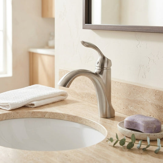 Lagomel single-hole bathroom faucet in brushed nickel, set in a Modern/Contemporary bathroom