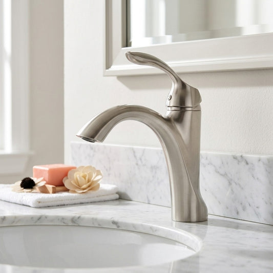 Lagomel single-hole bathroom faucet in brushed nickel, set in a Modern/Contemporary bathroom