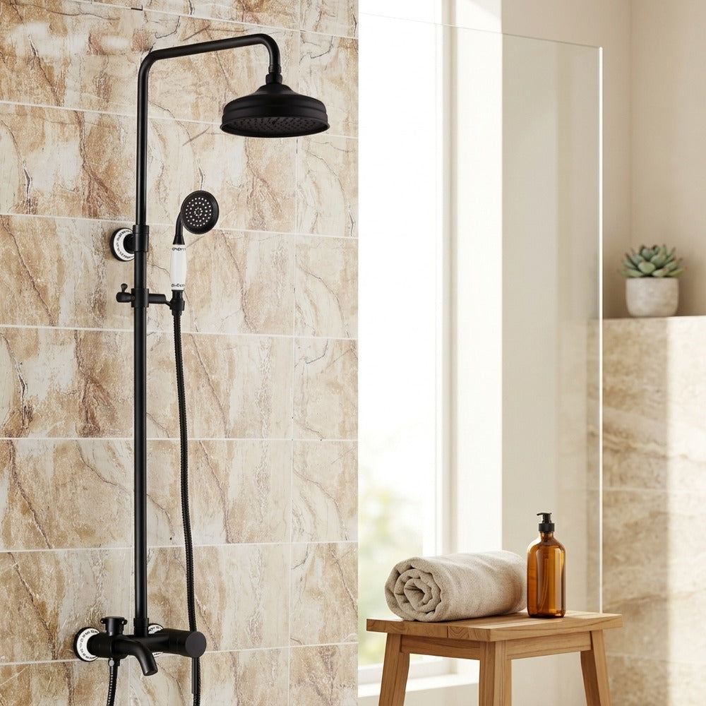 Lagomel wall-mounted single-handle tub and shower system in oil-rubbed bronze, set in a Traditional/Classic/Vintage/Retro bathroom