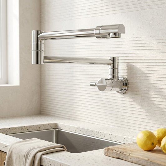 Lagomel wall-mounted pot filler in chrome, set in a Contemporary kitchen