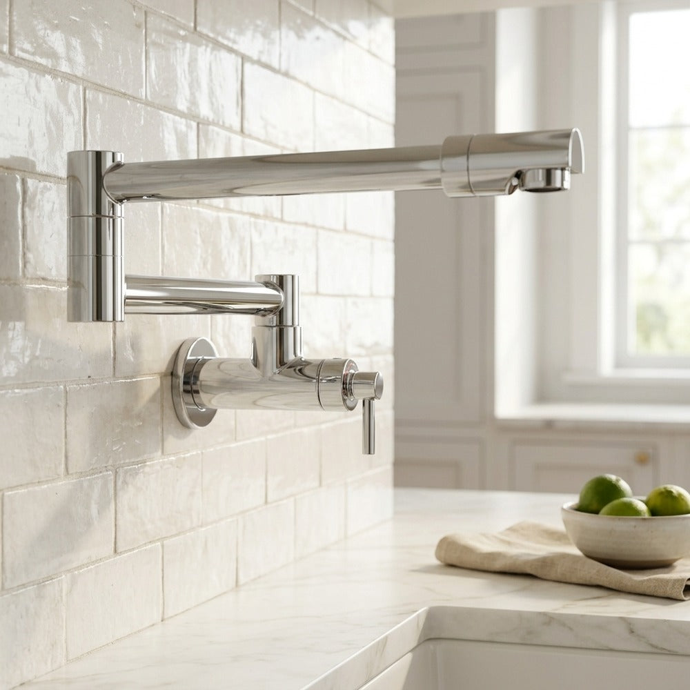 Lagomel single-hole pot filler in chrome, set in a Modern/Contemporary kitchen