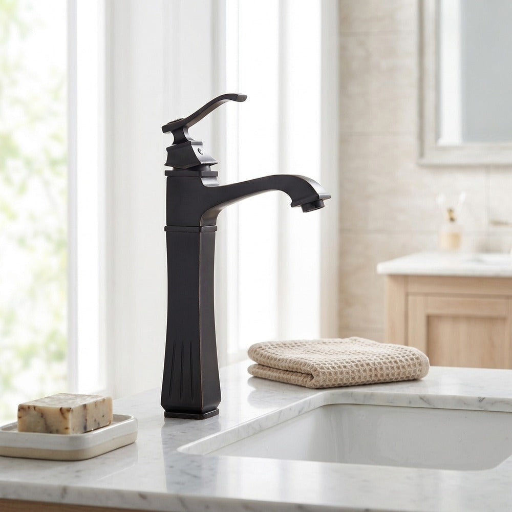 Lagomel single-hole vessel sink faucet and drain set in oil-rubbed bronze, set in a Traditional/Classic bathroom
