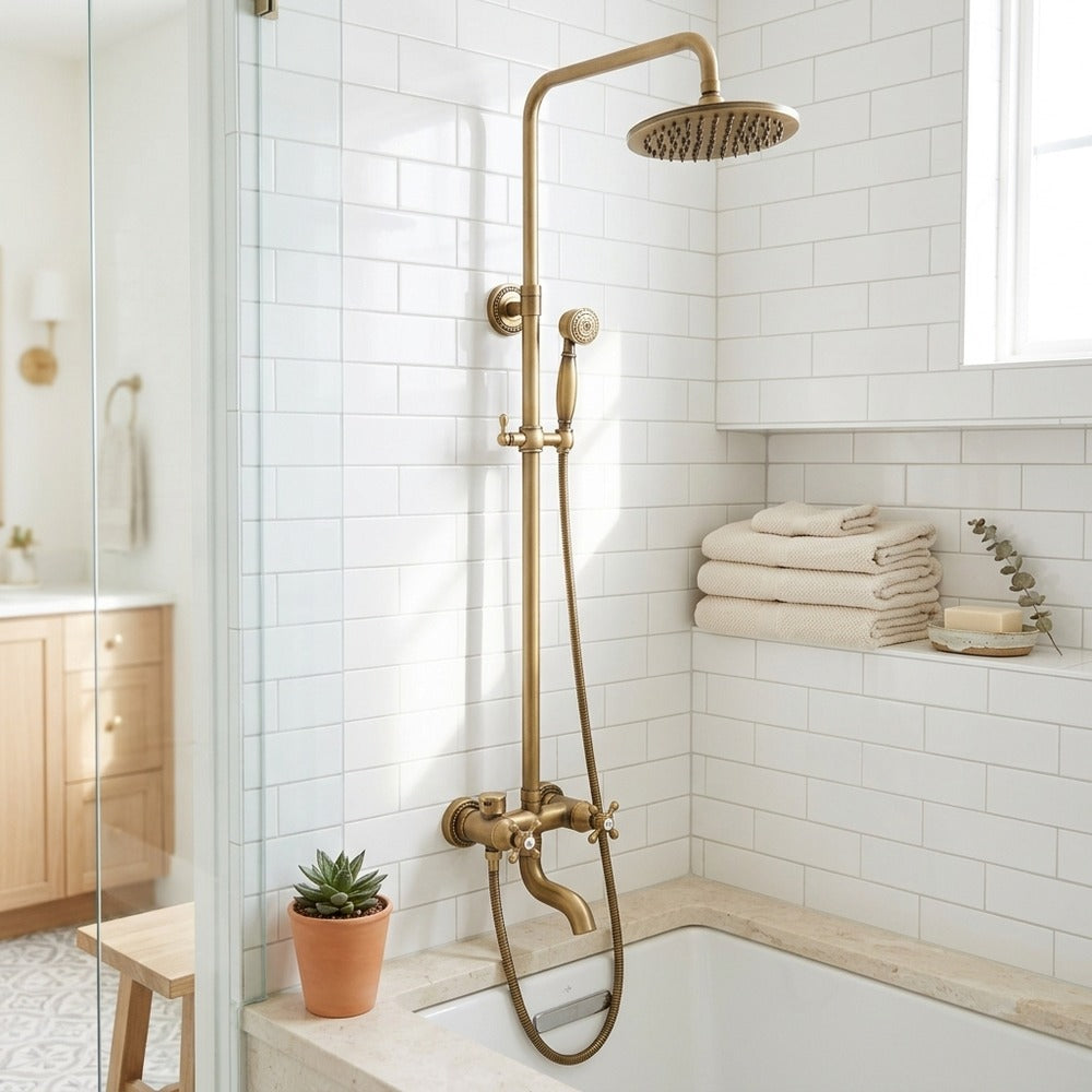 Lagomel wall-mounted single-handle tub and shower system in antique brass, set in a Traditional/Classic/Vintage/Retro bathroom