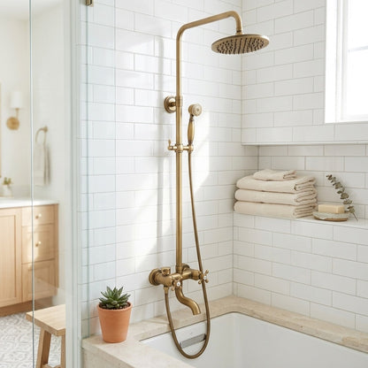 Lagomel wall-mounted single-handle tub and shower system in antique brass, set in a Traditional/Classic/Vintage/Retro bathroom