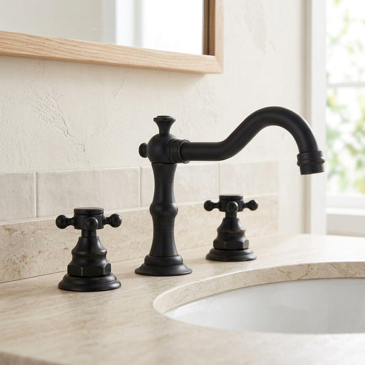 Lagomel widespread bathroom faucet in oil-rubbed bronze, set in a Traditional/Classic bathroom