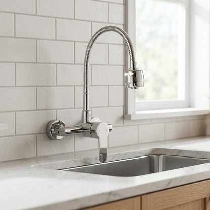 Lagomel single-handle wall-mount kitchen faucet in chrome, set in a Contemporary kitchen
