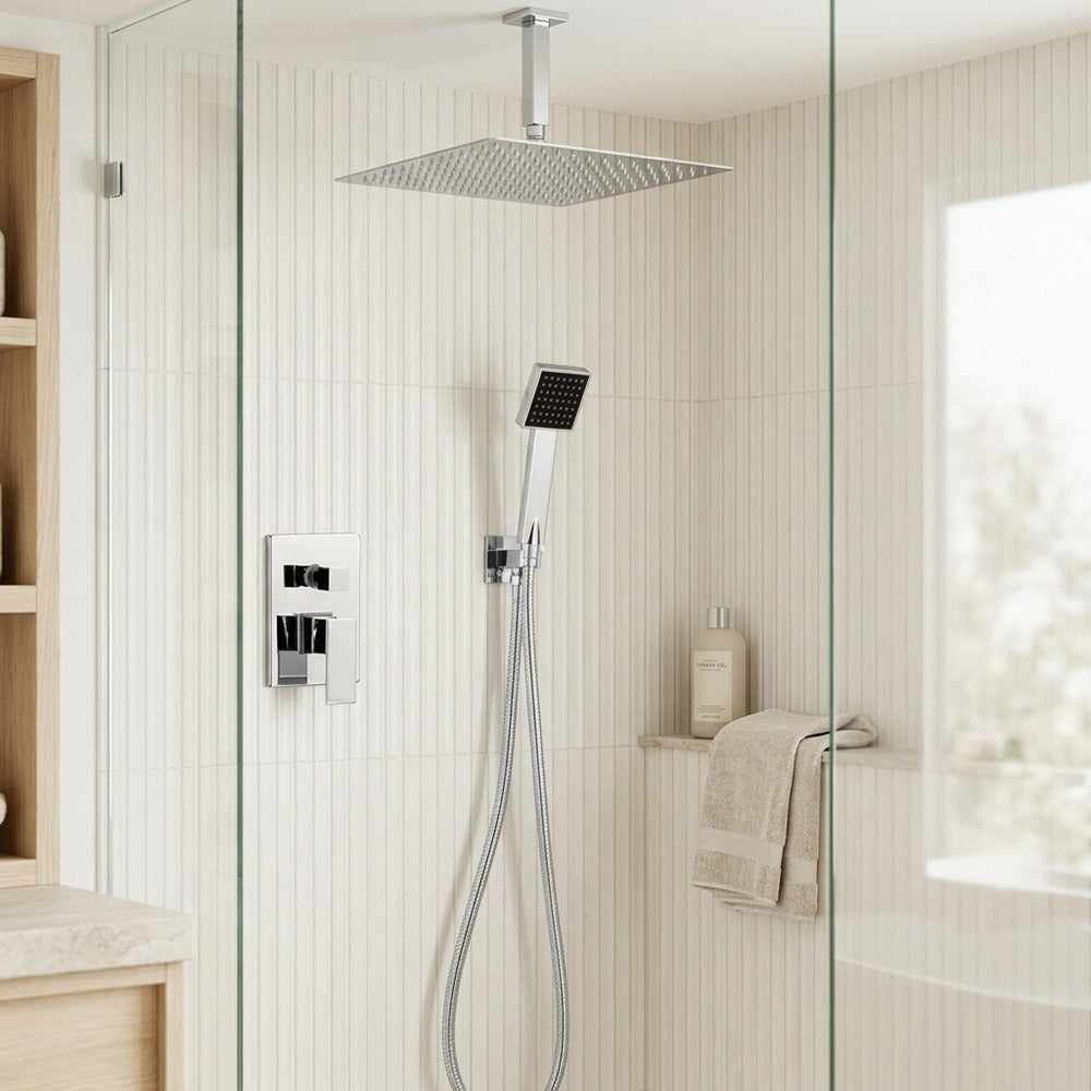 Lagomel complete shower system in chrome, set in a Modern/Contemporary bathroom