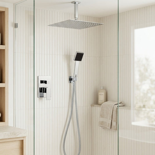 Lagomel complete shower system in chrome, set in a Modern/Contemporary bathroom