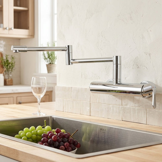 Lagomel wall-mount kitchen faucet in chrome, set in a Modern/Contemporary/Minimalist kitchen