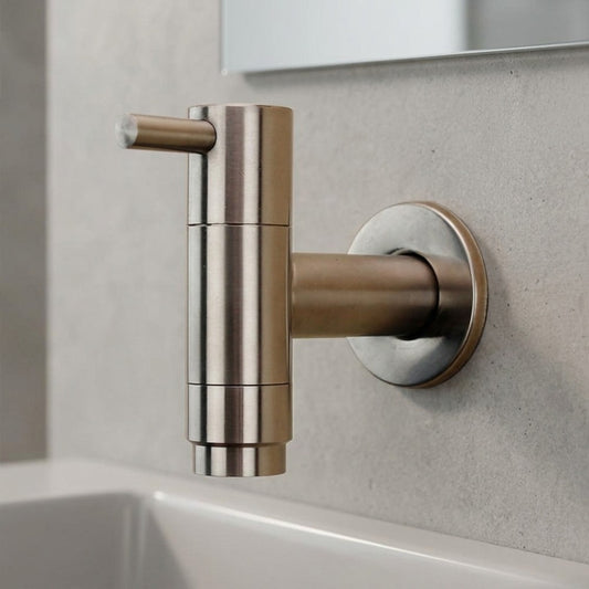 Lagomel single-handle wall-mount kitchen faucet in stainless steel, set in a Contemporary kitchen
