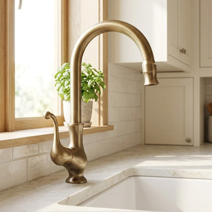 Lagomel single-handle kitchen faucet in antique brass, set in a Modern/Contemporary kitchen