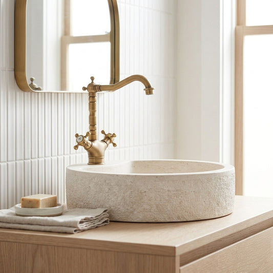 Lagomel vessel sink faucet and drain set in antique brass, set in a Traditional/Classic bathroom