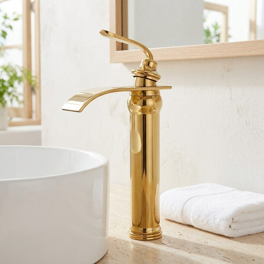 Lagomel single-hole waterfall vessel sink faucet in chrome, matte black, rose gold, polished gold, set in a Modern/Contemporary bathroom