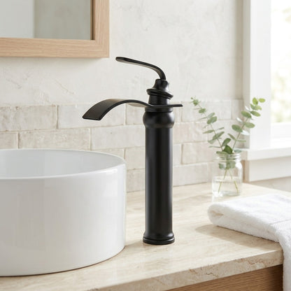 Lagomel single-hole waterfall vessel sink faucet, set in a Modern/Contemporary bathroom