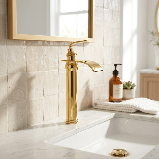 Lagomel waterfall single-handle vessel sink faucet in polished gold, set in a Contemporary bathroom