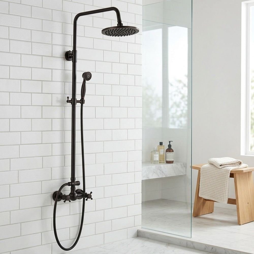 Lagomel wall-mounted complete shower system in oil-rubbed bronze, set in a Traditional/Classic bathroom