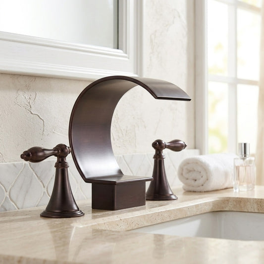 Lagomel waterfall widespread bathroom faucet in oil-rubbed bronze, set in a Modern/Contemporary bathroom