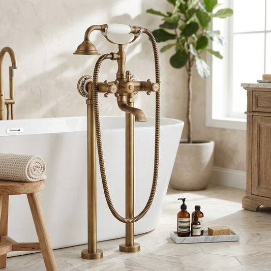 Lagomel wall-mount tub filler in antique brass, set in a Traditional/Classic/Vintage/Retro bathroom