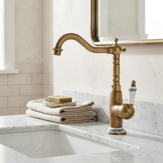 Lagomel single-hole bathroom faucet in antique brass, set in a Traditional/Classic/Vintage/Retro bathroom