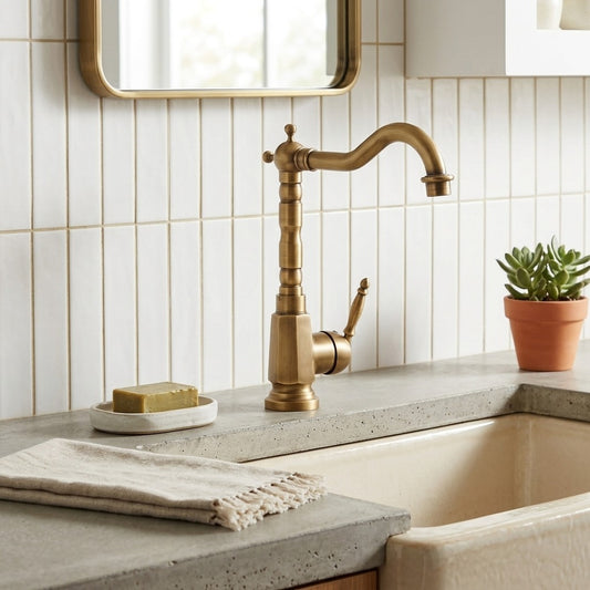 Lagomel single-handle vessel sink faucet in antique brass, chrome, set in a Traditional/Classic/Vintage/Retro bathroom