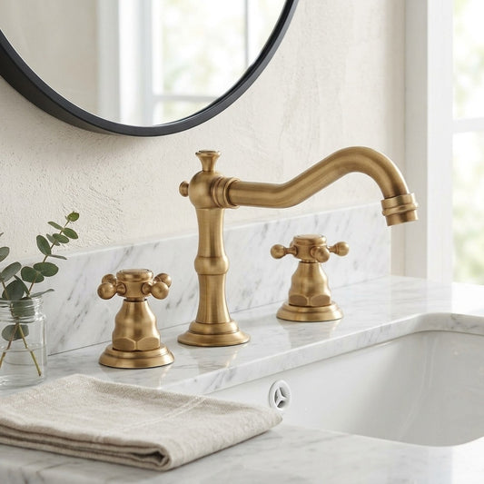Lagomel widespread bathroom faucet in antique brass, brushed nickel, chrome, oil-rubbed bronze, matte black, set in a Traditional/Classic/Vintage/Retro bathroom