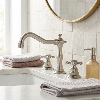 Lagomel widespread bathroom faucet, set in a Modern/Contemporary bathroom