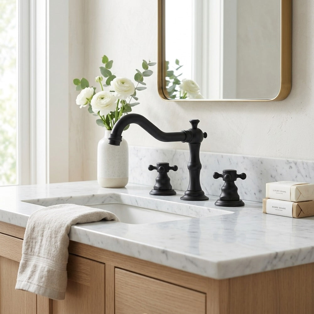 Lagomel widespread bathroom faucet, set in a Modern/Contemporary bathroom