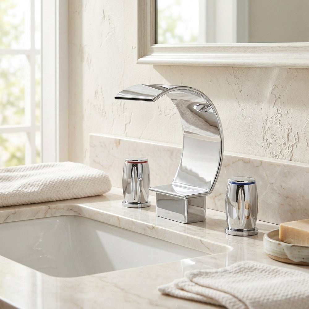Lagomel waterfall widespread bathroom faucet in chrome, matte black, brushed nickel, polished gold, set in a Modern/Contemporary bathroom