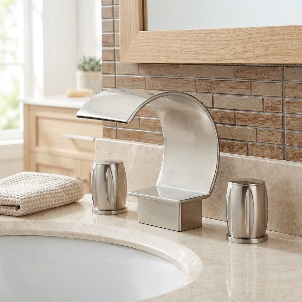 Lagomel waterfall double-handle widespread bathroom faucet in brushed nickel, set in a Contemporary bathroom