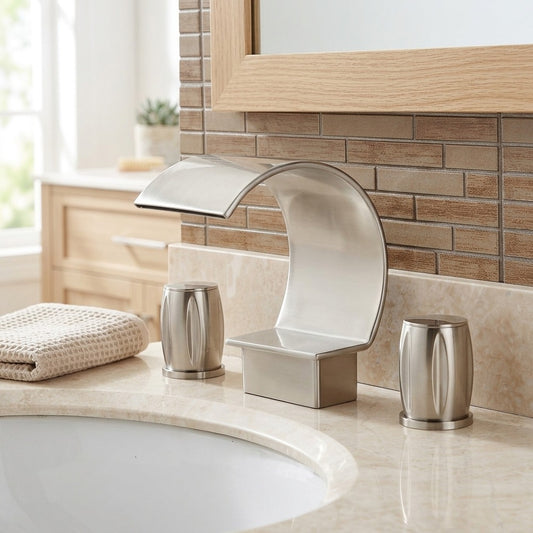 Lagomel waterfall double-handle widespread bathroom faucet in brushed nickel, set in a Contemporary bathroom