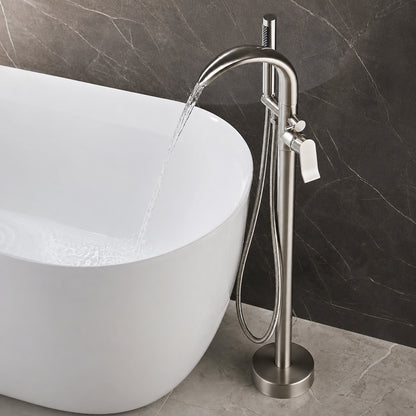 Brushed Nickel Modern Freestanding Tub Filler Faucet, Single-Handle Swivel Spout Faucet with Handheld Shower