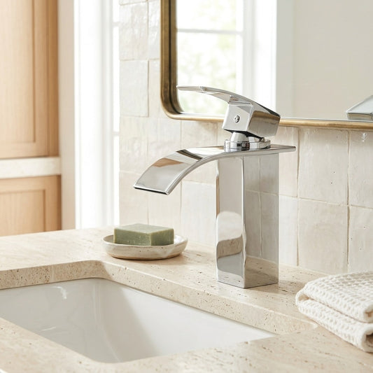 Lagomel waterfall single-hole bathroom faucet in chrome, set in a Modern/Contemporary bathroom