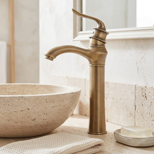 Lagomel waterfall single-handle vessel sink faucet in antique brass, set in a Traditional/Classic bathroom