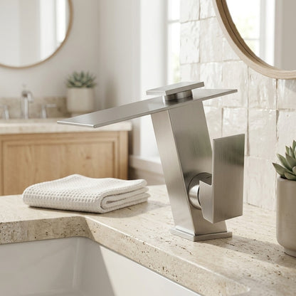 Lagomel waterfall single-hole bathroom faucet in brushed nickel, chrome, oil-rubbed bronze, set in a Contemporary/Modern bathroom