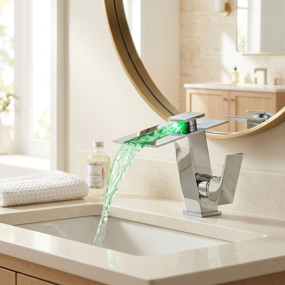 Lagomel waterfall single-hole bathroom faucet, set in a Modern/Minimalist bathroom
