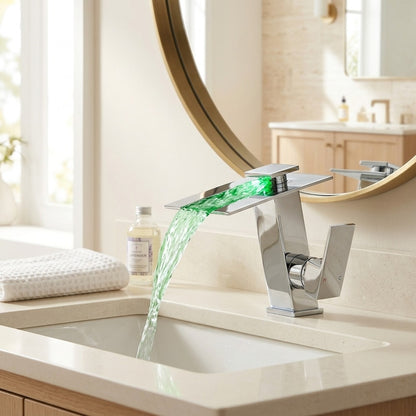 Lagomel waterfall single-hole bathroom faucet, set in a Modern/Minimalist bathroom
