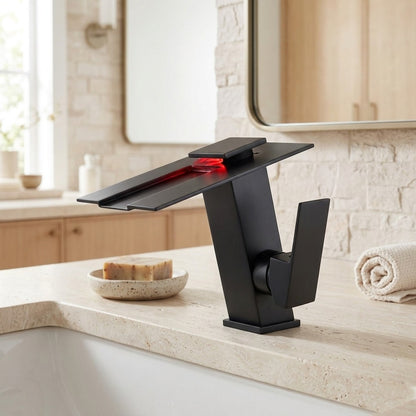 Lagomel waterfall single-hole bathroom faucet, set in a Modern/Minimalist bathroom