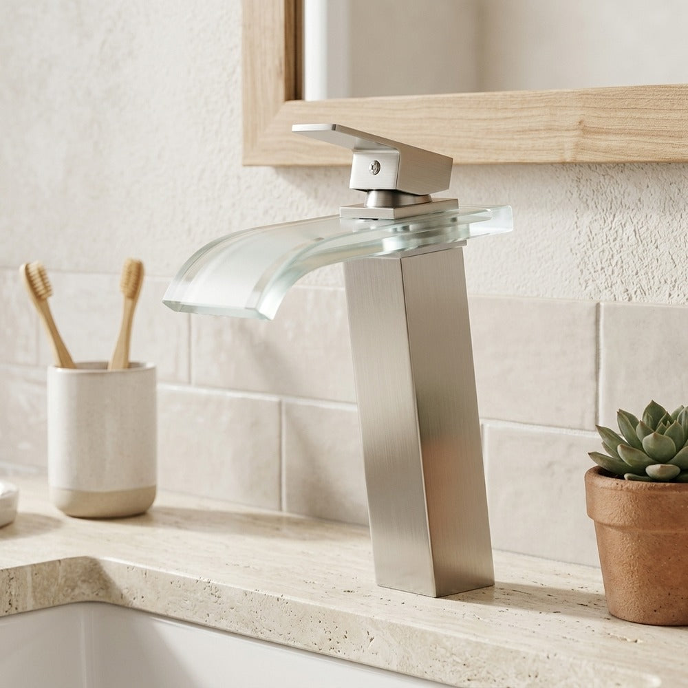 Lagomel single-hole waterfall vessel sink faucet in brushed nickel, brushed gold, matte black, chrome, set in a Contemporary bathroom
