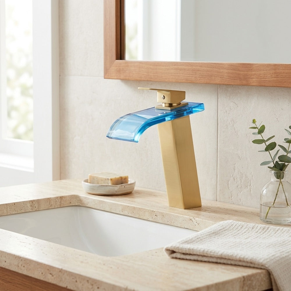Lagomel single-hole waterfall vessel sink faucet, set in a Modern/Contemporary bathroom