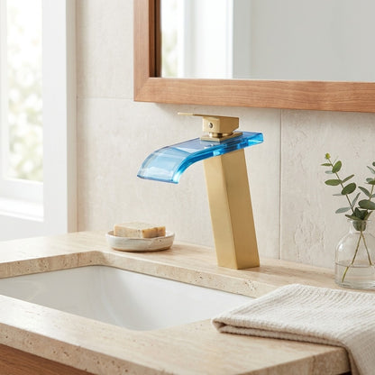 Lagomel single-hole waterfall vessel sink faucet, set in a Modern/Contemporary bathroom