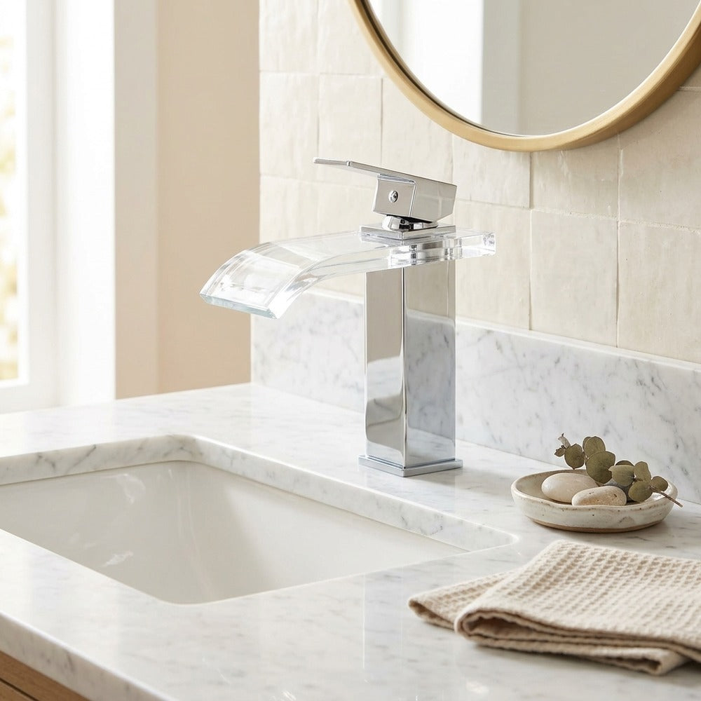 Lagomel single-hole waterfall vessel sink faucet, set in a Modern/Contemporary bathroom