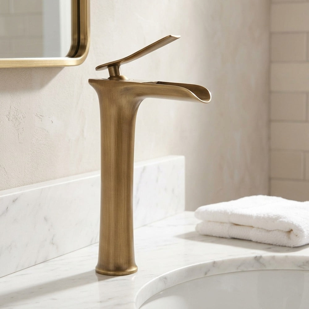 Lagomel waterfall single-handle vessel sink faucet in antique brass, brushed nickel, chrome, matte black, oil-rubbed bronze,, set in a Contemporary/Modern bathroom