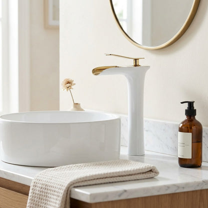 Lagomel waterfall single-handle vessel sink faucet, set in a Modern/Contemporary bathroom