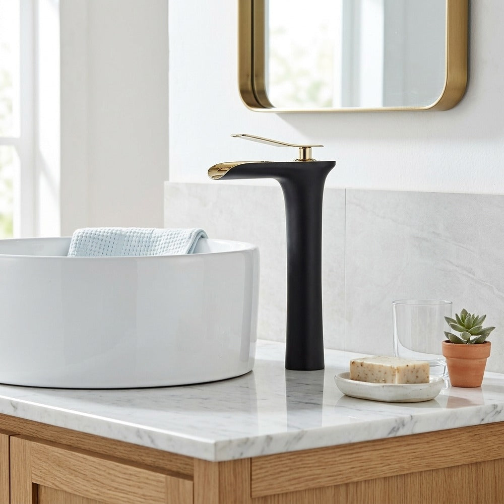 Lagomel waterfall single-handle vessel sink faucet, set in a Modern/Contemporary bathroom
