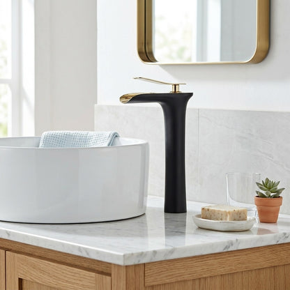 Lagomel waterfall single-handle vessel sink faucet, set in a Modern/Contemporary bathroom
